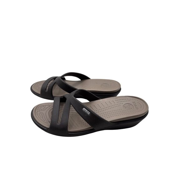 Crocs Size 10 Womens Brown & Beige Slip-On Wedge Sandals Criss-Cross Straps - Picture 3 of 8